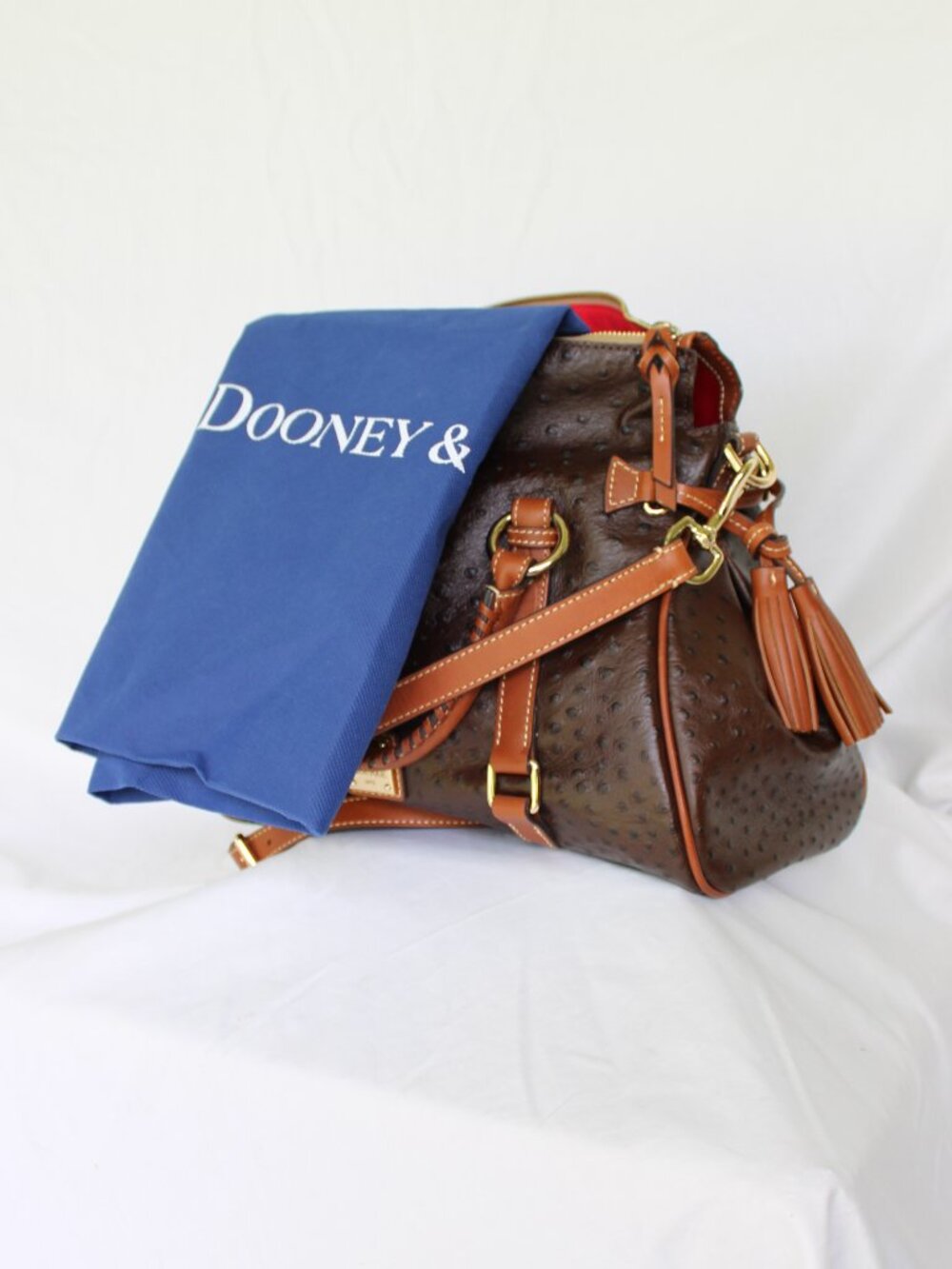 Dooney & Bourke Ostrich brown satchel leather Florentine tassel purse crossbody - Picture 9 of 12